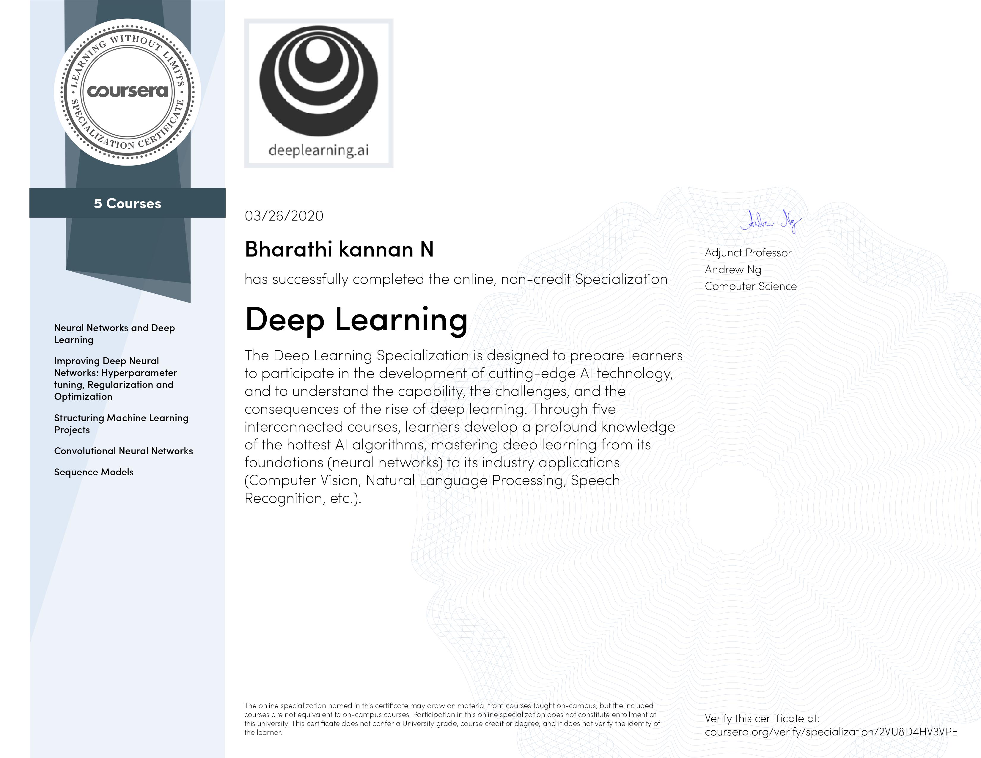 Deep Learning Specialization Certificate